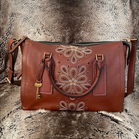 Fossil Parker embroidered leather brown satchel handbag - Picture 2 of 15